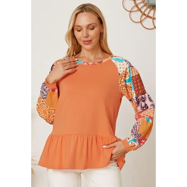 Printed Round Neck Peplum Blouse - Tops