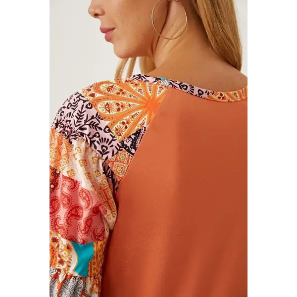 Printed Round Neck Peplum Blouse - Tops