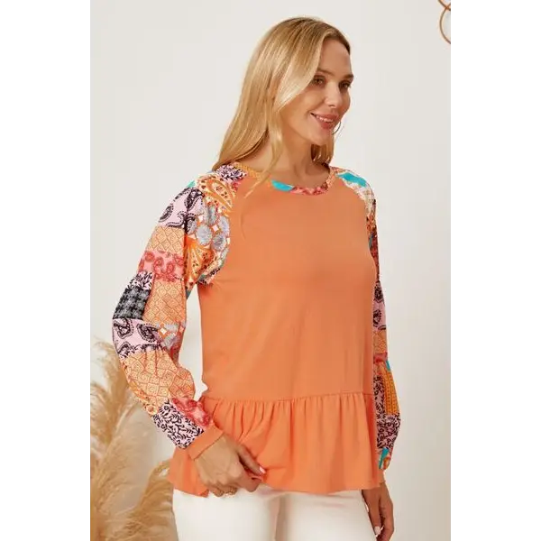 Printed Round Neck Peplum Blouse - Tops