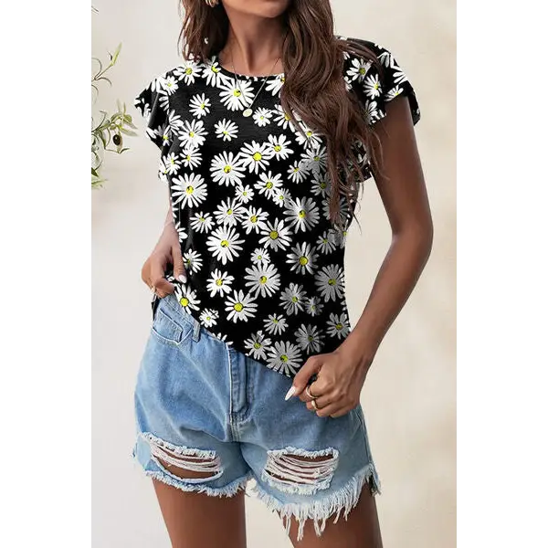 Printed Round Neck Short Sleeve T-Shirt - Floral / S - Tops