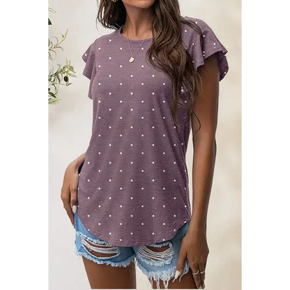 Printed Round Neck Short Sleeve T-Shirt - Lilac / S - Tops