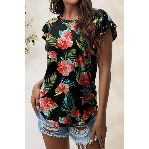 Printed Round Neck Short Sleeve T-Shirt - Strawberry / S - Tops