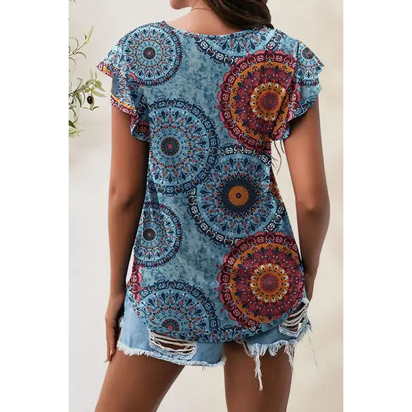 Printed Round Neck Short Sleeve T-Shirt - Tops