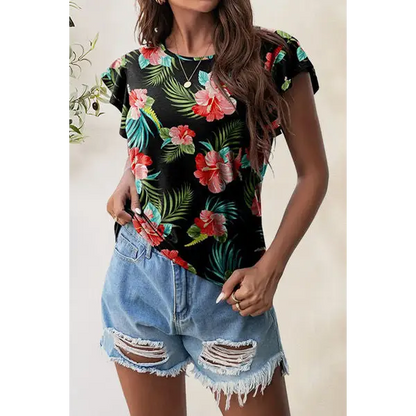 Printed Round Neck Short Sleeve T-Shirt - Tops