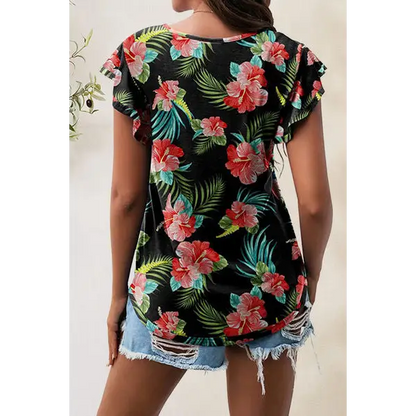 Printed Round Neck Short Sleeve T-Shirt - Tops