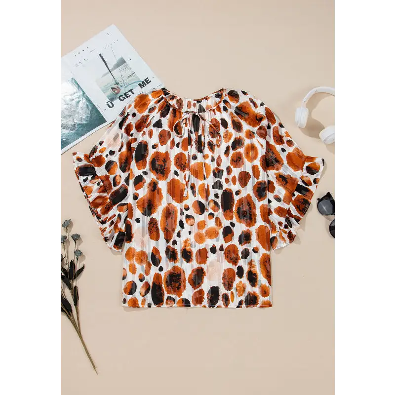 Printed Tie Neck Three-Quarter Sleeve Blouse - Tops