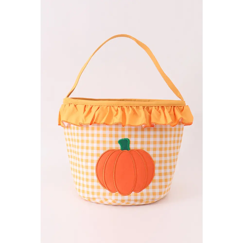 Pumpkin applique checkered ruffle candy bucket - One Size - Basket