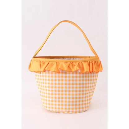 Pumpkin applique checkered ruffle candy bucket - One Size - Basket