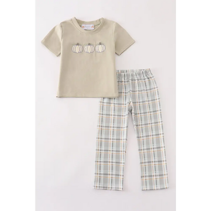 Pumpkin french knot plaid boy set - Set