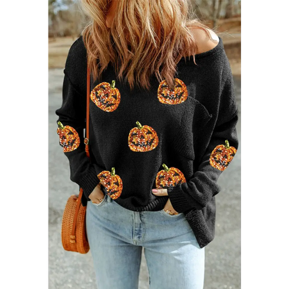 Pumpkin Round Neck Long Sleeve Knit Top - Black / S - Tops