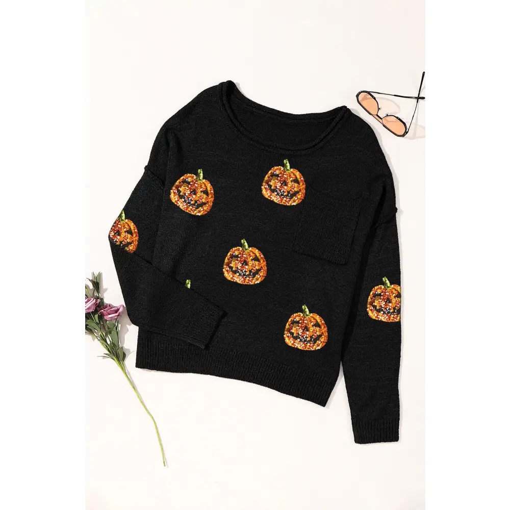 Pumpkin Round Neck Long Sleeve Knit Top - Tops