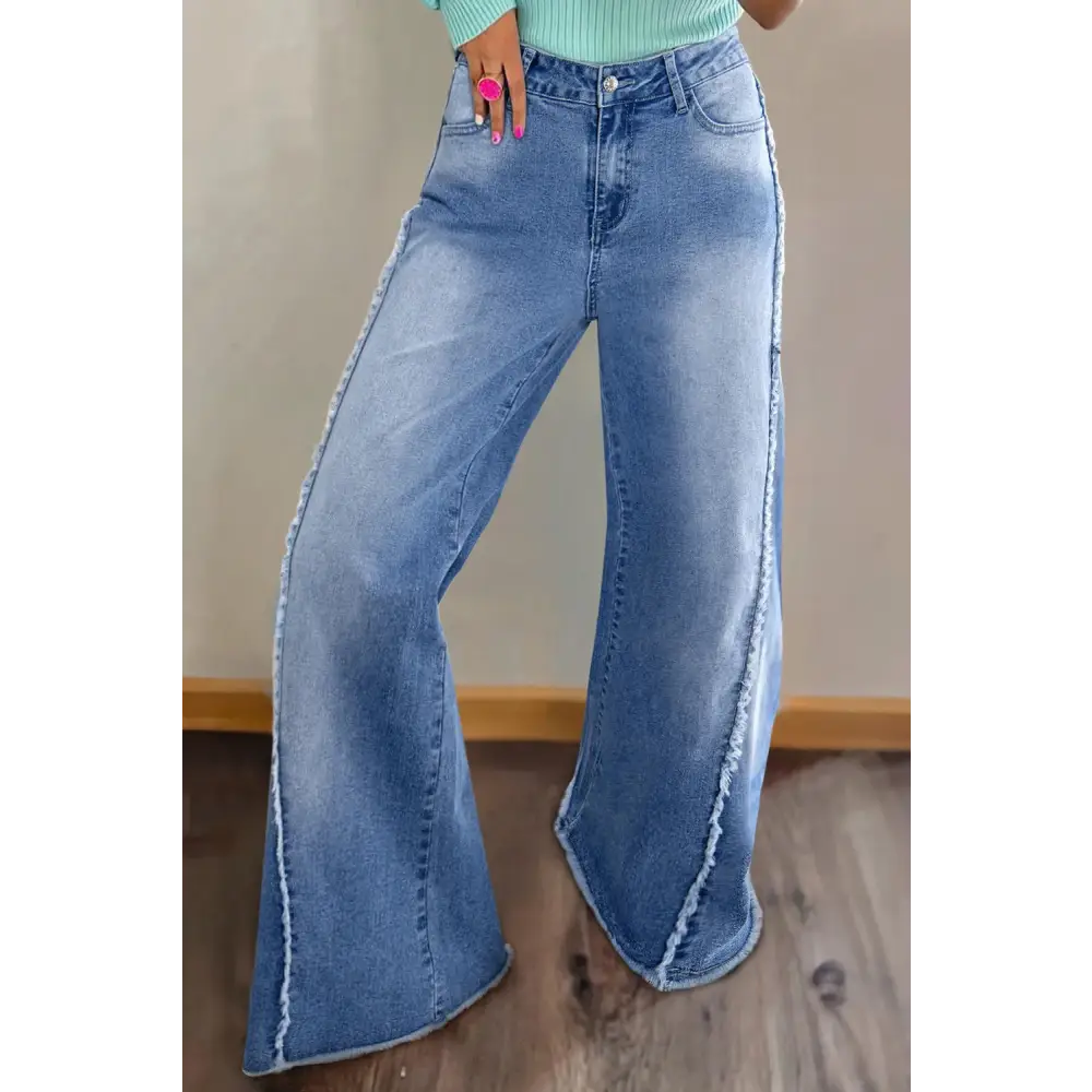 Raw Hem Wide Leg Jeans with Pockets - Medium / 4