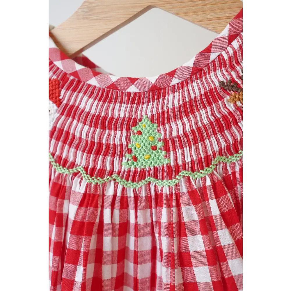 Red chrismtas santa tree reindeer hand smocked gingham romper - baby