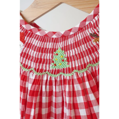 Red chrismtas santa tree reindeer hand smocked gingham romper - baby