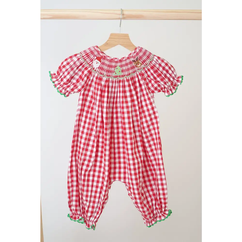 Red chrismtas santa tree reindeer hand smocked gingham romper - baby