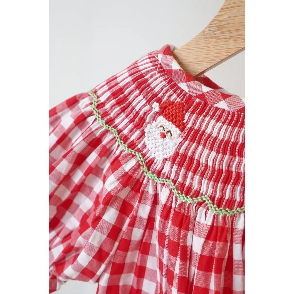 Red chrismtas santa tree reindeer hand smocked gingham romper - baby