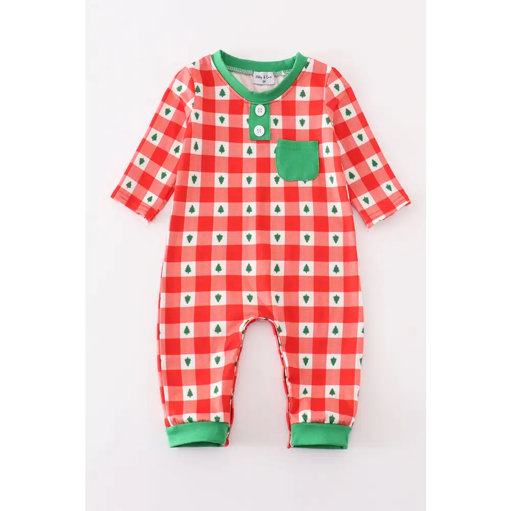 Red christmas tree gingham boy romper - baby