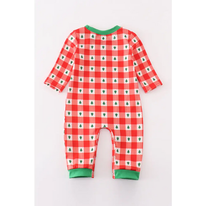 Red christmas tree gingham boy romper - baby