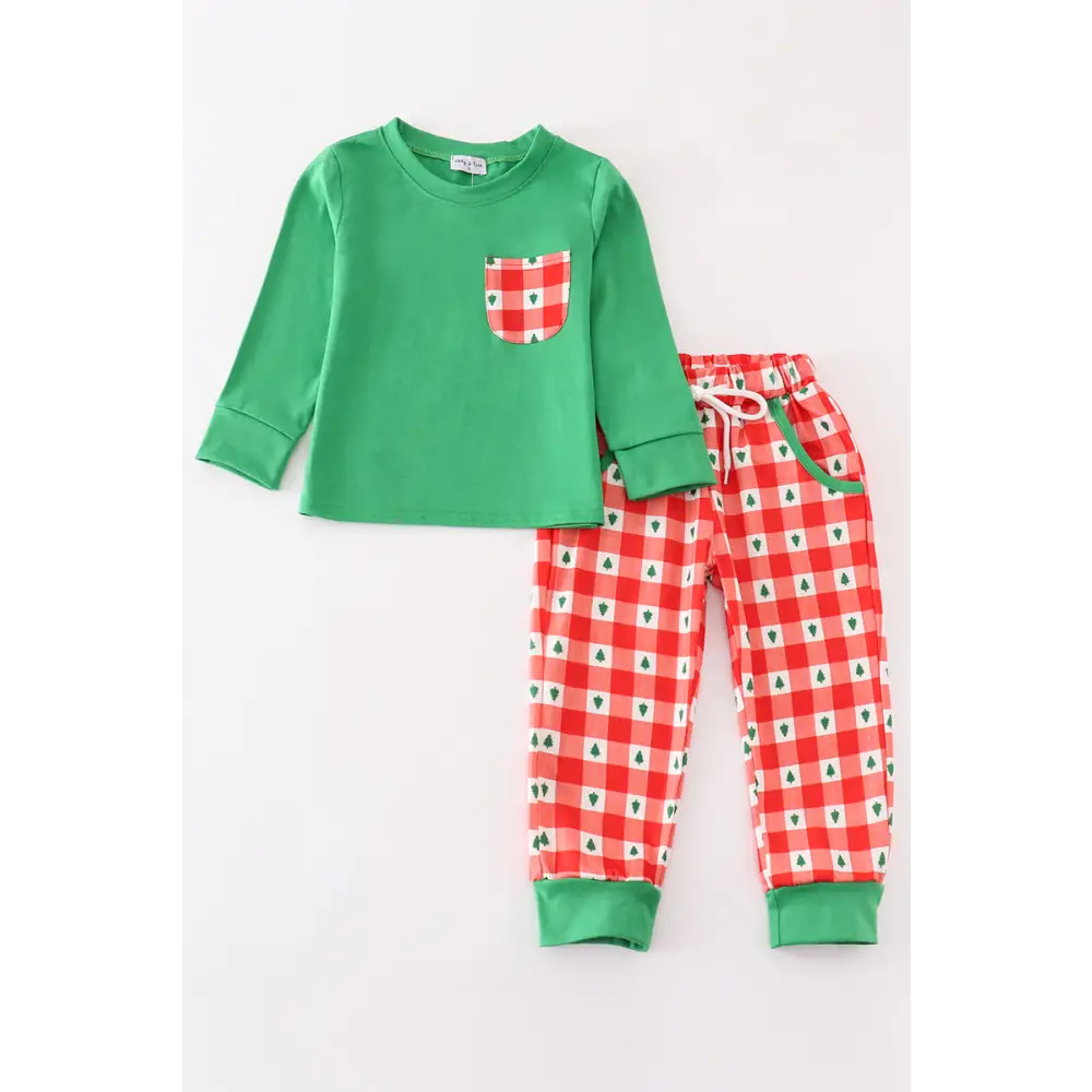 Red christmas tree gingham boy set - Set