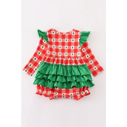 Red christmas tree gingham girl bubble - baby