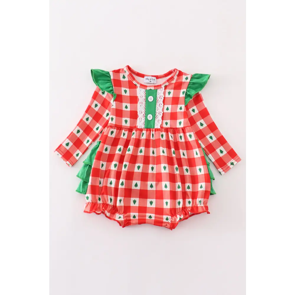 Red christmas tree gingham girl bubble - baby