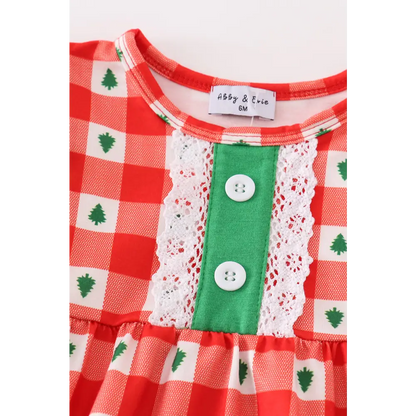 Red christmas tree gingham girl bubble - baby