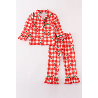 Red christmas tree gingham girl pajamas set - Set