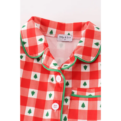 Red christmas tree gingham girl pajamas set - Set