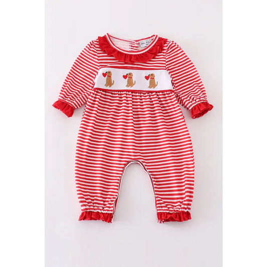 Red valentine puppy embroidery girl romper - baby