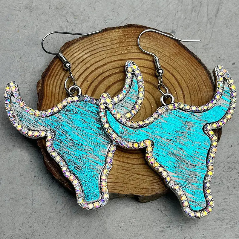 Rhinestone Bull Earrings - Aqua / One Size