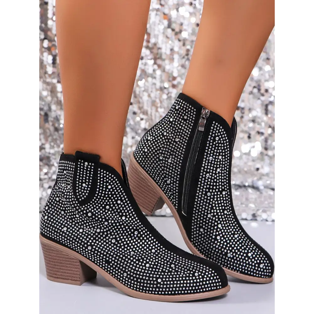 Rhinestone Point Toe Block Heel Boots - Accessories