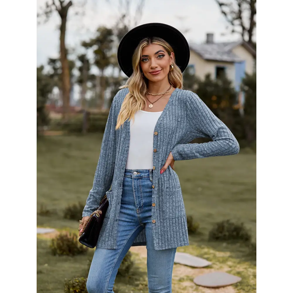 Ribbed Button-UP Cardigan with Pockets - Madi Gray Boutique