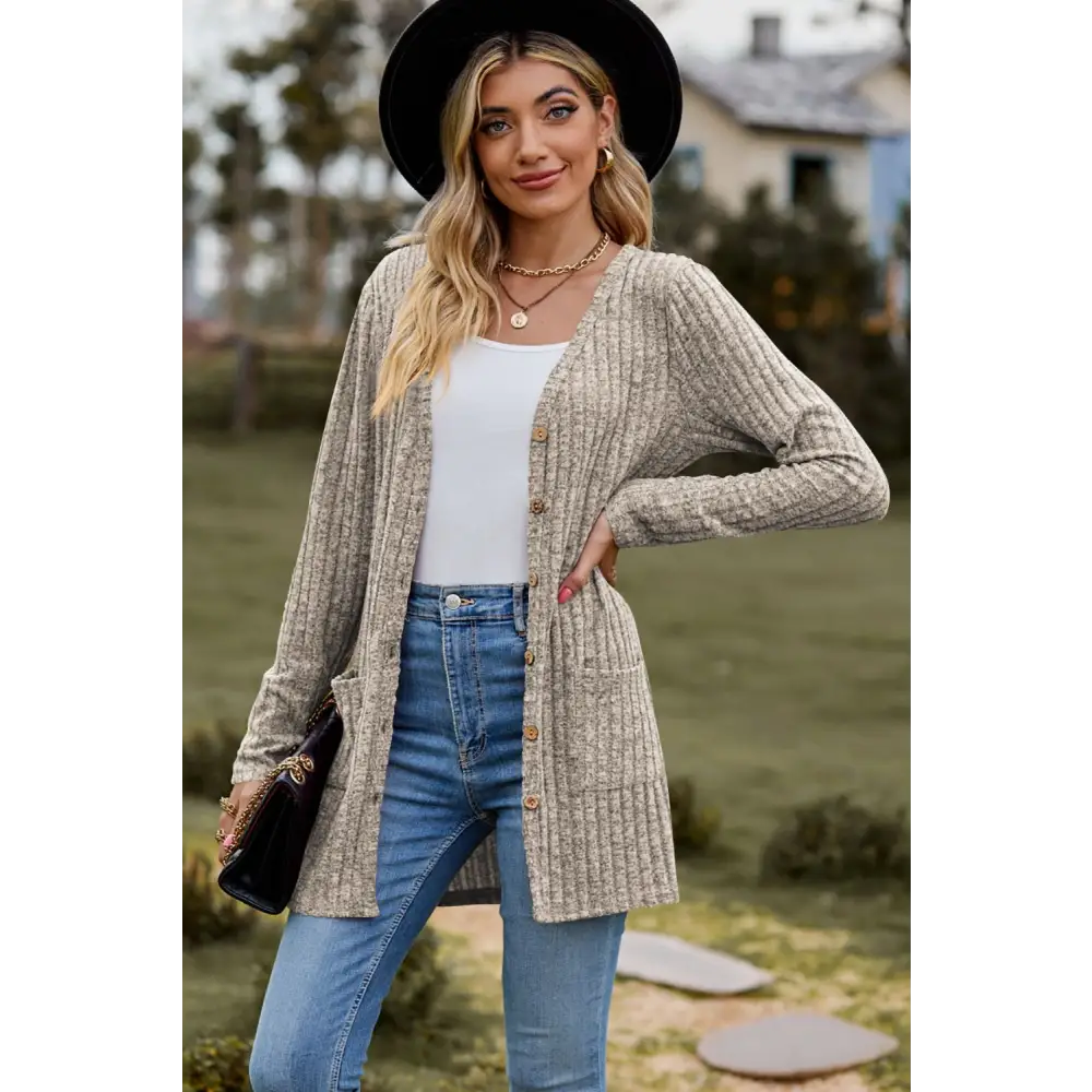 Ribbed Button-UP Cardigan with Pockets - Madi Gray Boutique