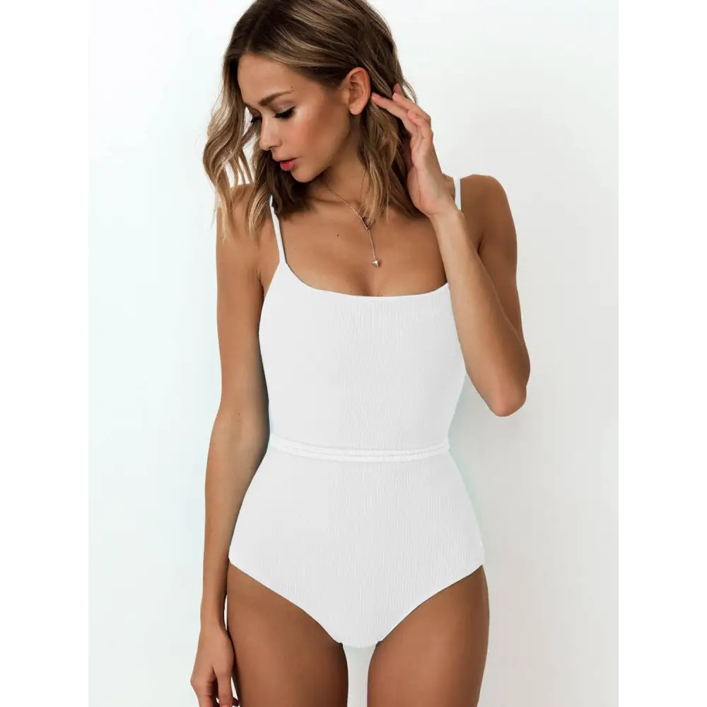 Ribbed Tie Waist One-Piece Swimsuit - White / S