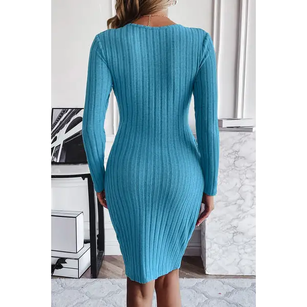 Ribbed Tied Long Sleeve Wrap Dress