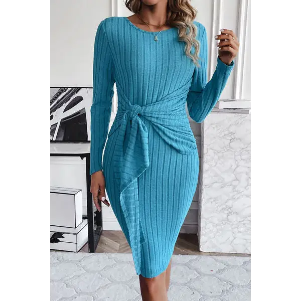 Ribbed Tied Long Sleeve Wrap Dress