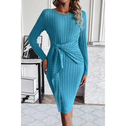 Ribbed Tied Long Sleeve Wrap Dress - Azure / S