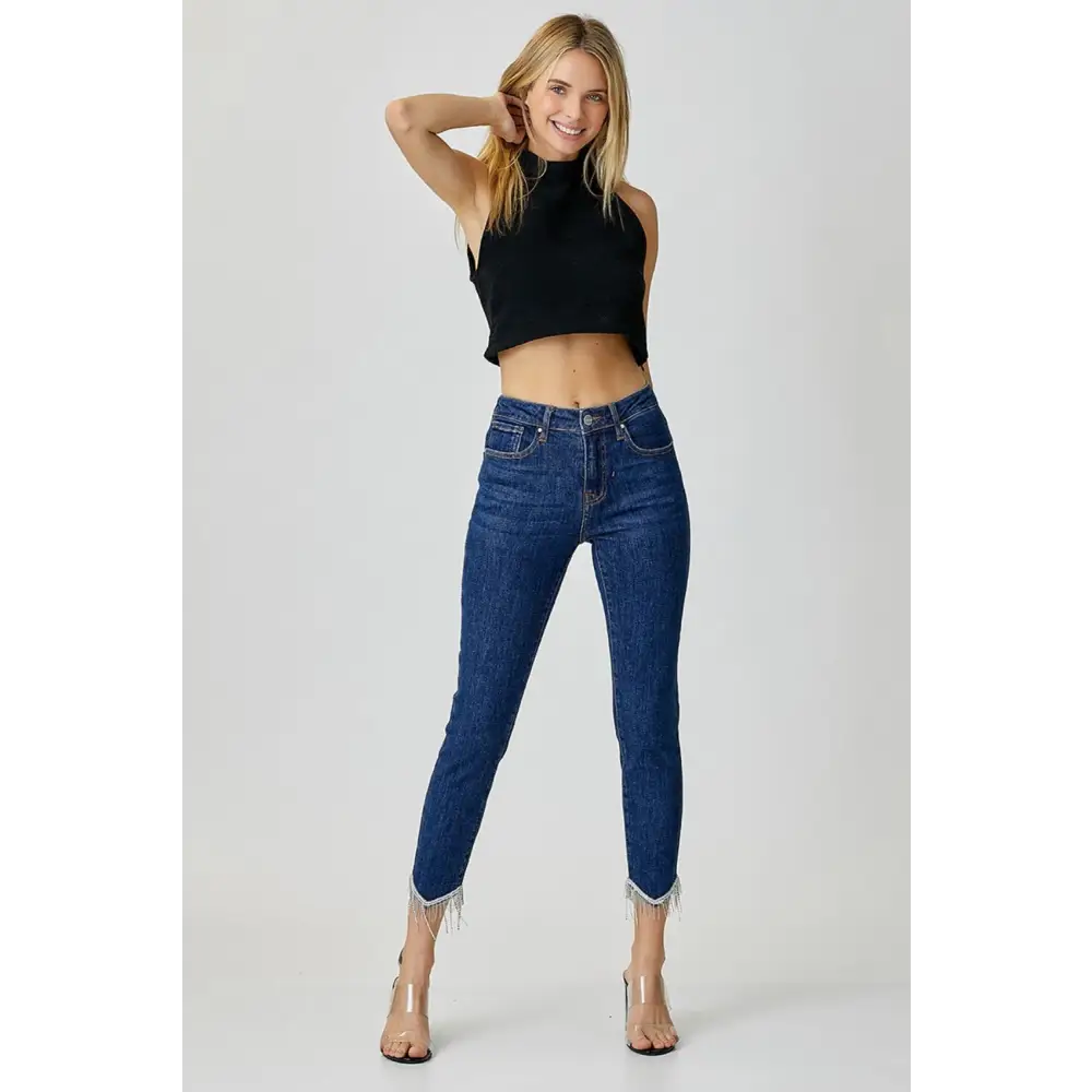 RISEN Full Size Embellished Mid Rise Crop Skinny Jeans - Bottoms