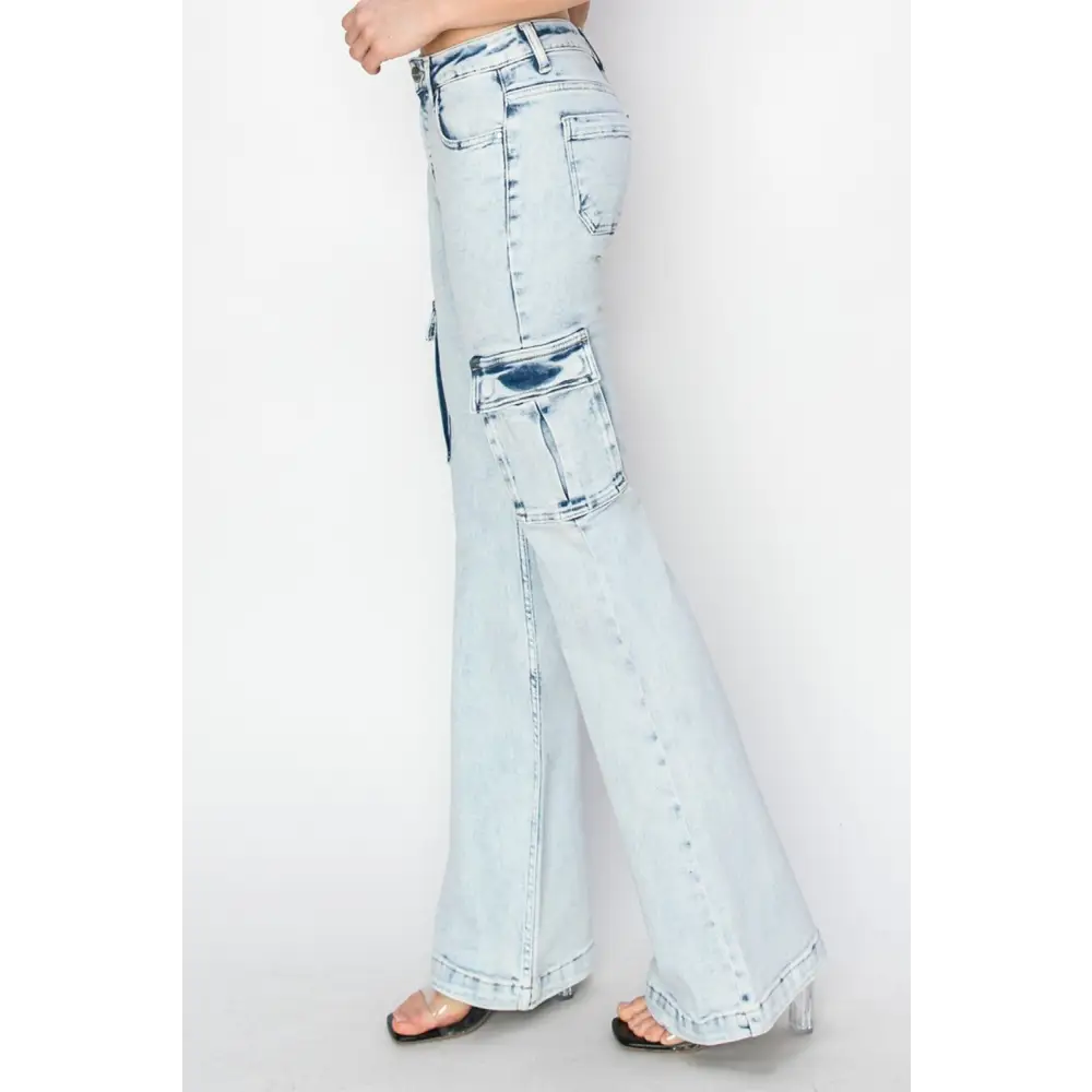 RISEN Full Size High Rise Cargo Flare Jeans - Bottoms