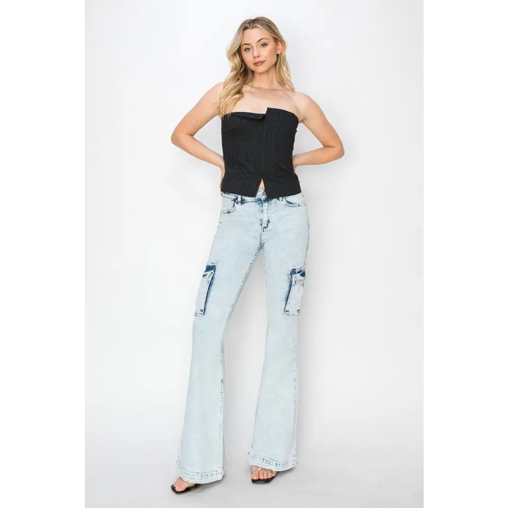 RISEN Full Size High Rise Cargo Flare Jeans - Bottoms