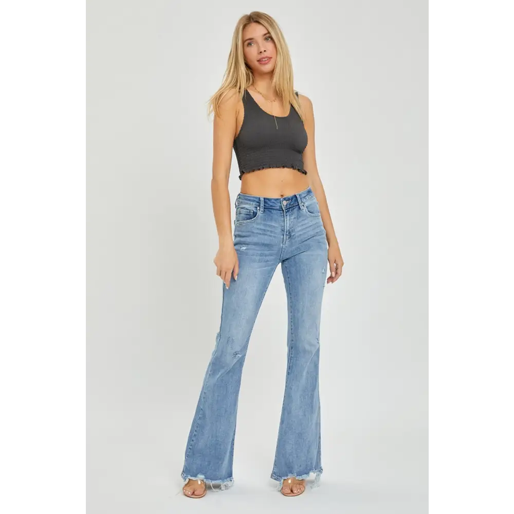 Risen Full Size High Rise Frayed Hem Flare Jeans