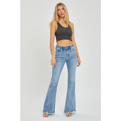 Risen Full Size High Rise Frayed Hem Flare Jeans