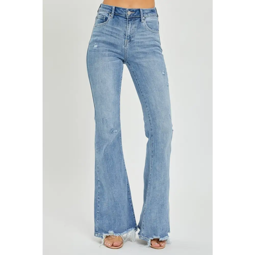 Risen Full Size High Rise Frayed Hem Flare Jeans - Light / 0(24)