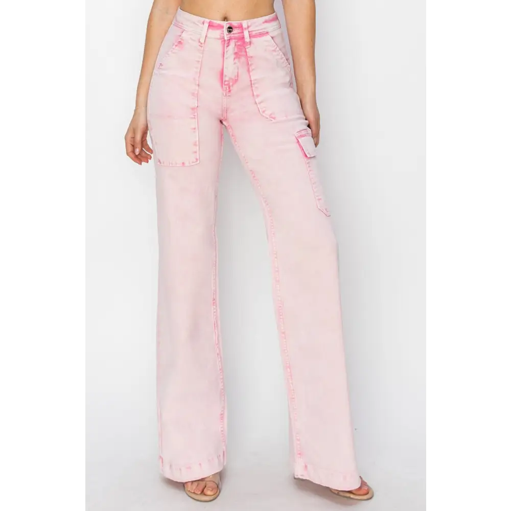 RISEN Full Size High Rise Wide Leg Cargo Pocket Jeans - Acid Pink / 0(24) - Bottoms