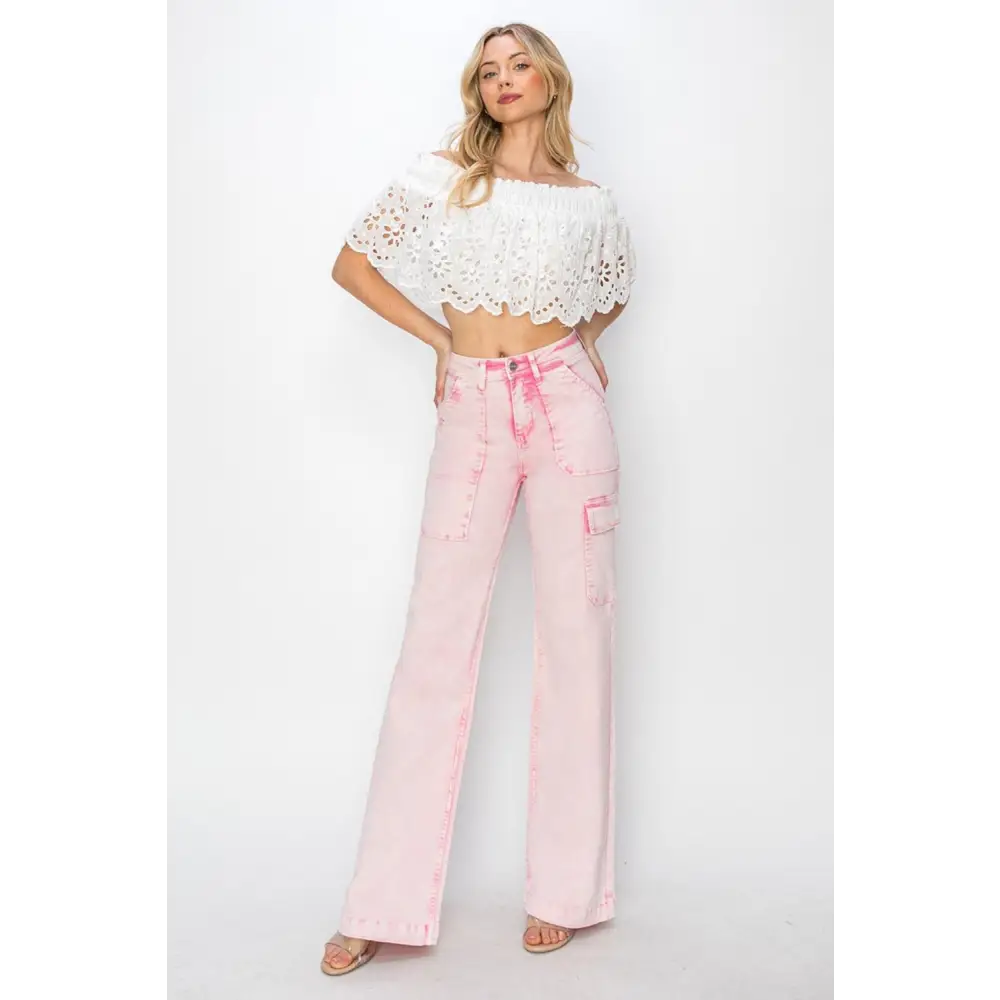 RISEN Full Size High Rise Wide Leg Cargo Pocket Jeans - Bottoms