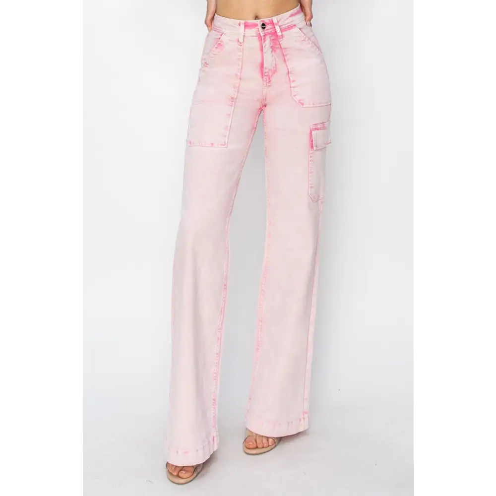 RISEN Full Size High Rise Wide Leg Cargo Pocket Jeans - Bottoms