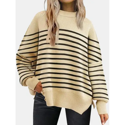 Round Neck Drop Shoulder Slit Sweater - Madi Gray Boutique