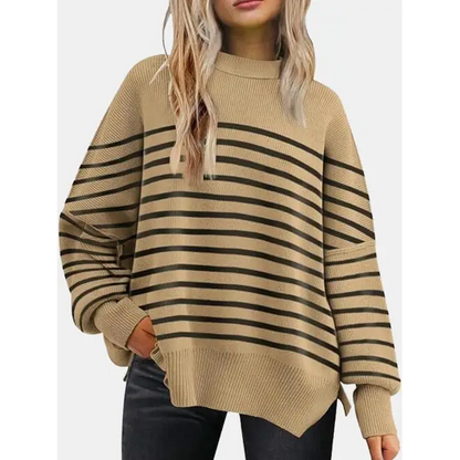 Round Neck Drop Shoulder Slit Sweater - Madi Gray Boutique