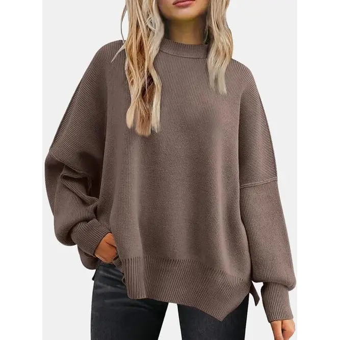 Round Neck Drop Shoulder Slit Sweater - Madi Gray Boutique