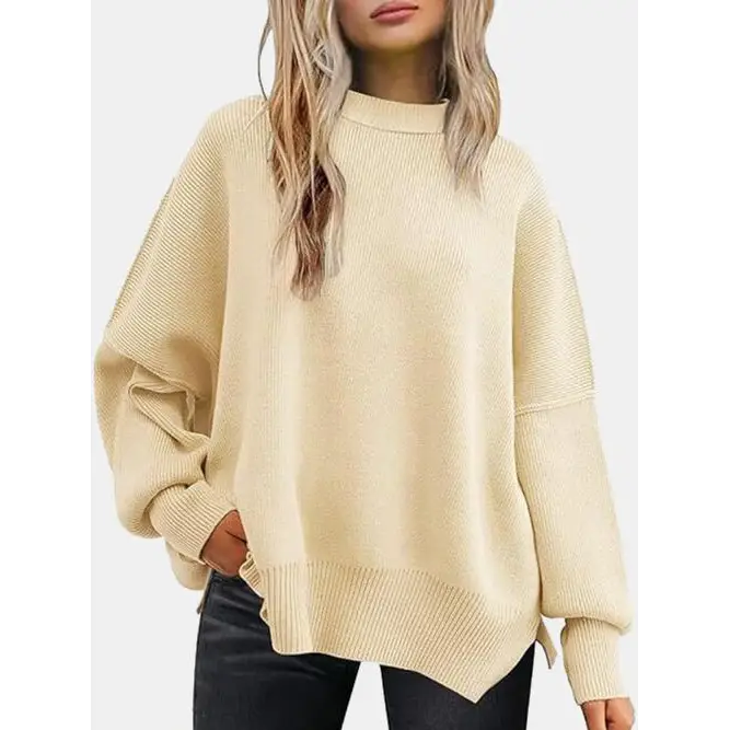 Round Neck Drop Shoulder Slit Sweater - Madi Gray Boutique